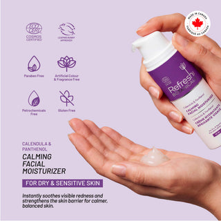 Product badges and icons highlighting that it is Made in Canada, COSMOS Organic certified, Leaping Bunny cruelty-free approved, gluten-free, and free from artificial fragrance, colors, parabens, and petrochemicals