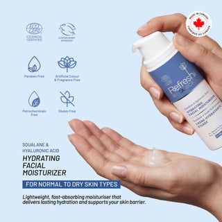 Product badges and icons highlighting that it is Made in Canada, COSMOS Organic certified, Leaping Bunny cruelty-free approved, gluten-free, and free from artificial fragrance, colors, parabens, and petrochemicals