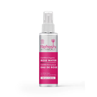 A 100 ml spray bottle of Refresh Botanicals Certified Organic Rose Water.
