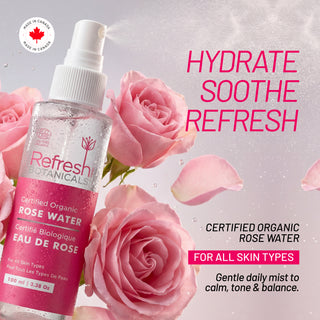 Refresh Botanicals rose water spray bottle with pink roses and text on a light gray background